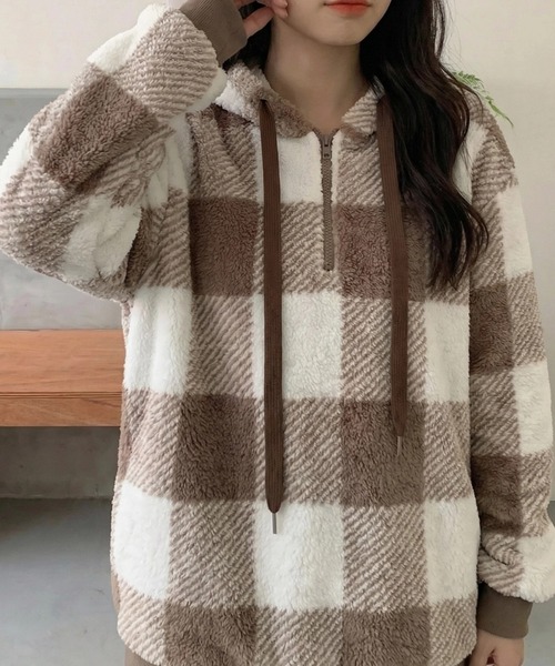 cammie(キャミー)の「ボアチェックハーフジップフードパーカー(パーカー・レディース・ブラック/ネイビー/ベージュ・LARGE/MEDIUM)」の17枚目の写真