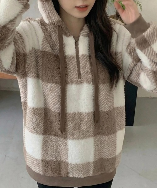 cammie(キャミー)の「ボアチェックハーフジップフードパーカー(パーカー・レディース・ブラック/ネイビー/ベージュ・LARGE/MEDIUM)」の15枚目の写真
