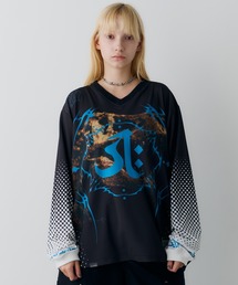 hillda ドット柄装飾の黒半袖Tシャツ kOhAKUランダムドット柄モードTシャツ[品番：MITW0017271