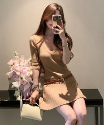 BY THE BAY（バイザベイ）の「ワンピース/ベルト付きワンピ プリーツスカート リブニット ミニ丈 韓国ファッション（ワンピース）」