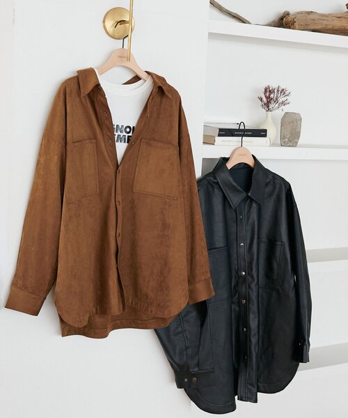 DISCOAT（ディスコート）の「【ユニセックス】フェイクレザーフェイクスエードアソートオーバーシャツ（シャツ/ブラウス・レディース・ブラック/ブラウン・FREE）」の9枚目の写真