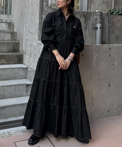 Healthy denim(ヘルシーデニム)の「【Healthy Denim × WILLFULLY】"Aphrodite" tiered denim shirt OP(ワンピース・レディース・ブラック・FREE/L)」の11枚目の写真