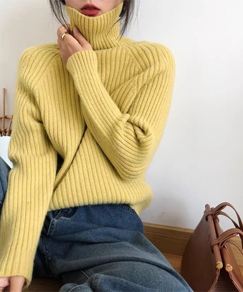 Drawer イエロー リブ編み ニット 1 セール】厚手リブ編みハイネックニット（ニット/セーター）｜ONEP STAR