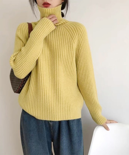 ONEP STAR(ワンピスター)の「厚手リブ編みハイネックニット(ニット/セーター・レディース・テラコッタ/パープル/ネイビー/イエロー/オフホワイト/ブルー・FREE)」の9枚目の写真