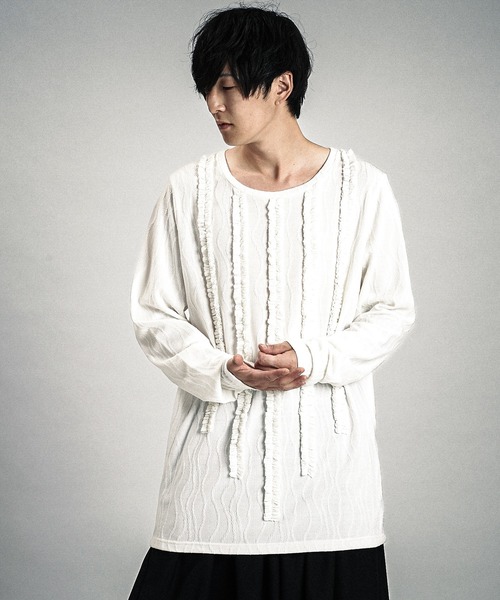 NO ID.（ノーアイディ）の「【NO ID.】Rope Jacquard Frill Pullover / ロープ ジャカード フリル プルオーバー（Tシャツ/カットソー・メンズ・ホワイト/ブラック・1/2）」の19枚目の写真