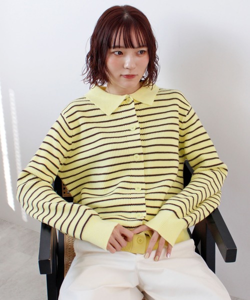 ABYS(アビス)の「《26SS 新色追加》襟付きボーダーニット(ニット/セーター・レディース・ネイビー/ブラウン/レッド/グレー/アイボリー/イエロー/ブルー・FREE)」の6枚目の写真