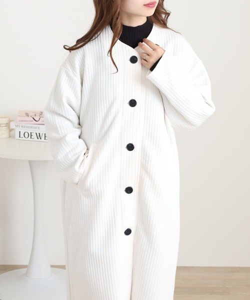 セール】ラインキルトノーカラーロングコート（ノーカラーコート