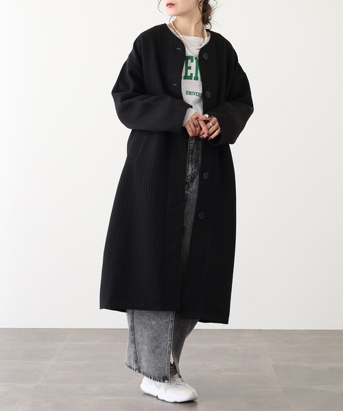 セール】ラインキルトノーカラーロングコート（ノーカラーコート