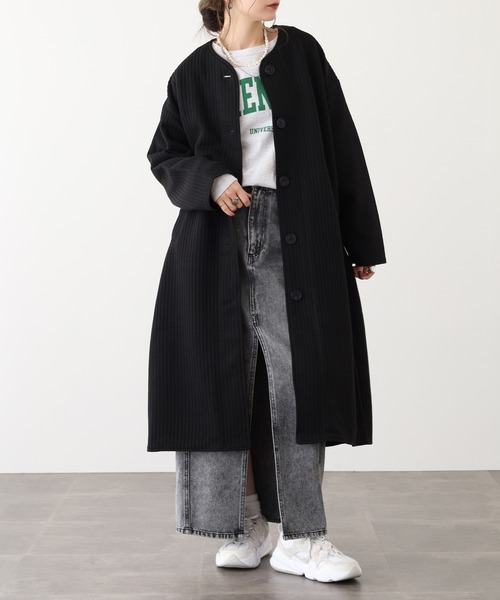 セール】ラインキルトノーカラーロングコート（ノーカラーコート