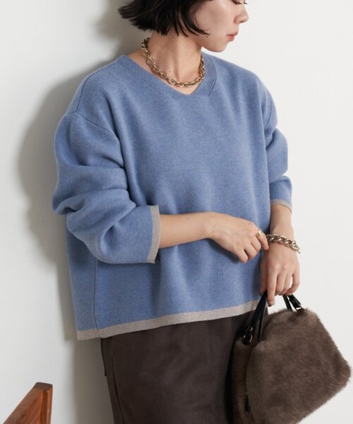 Jena espace merveilleux（ジェナ　エスパスメルヴェイユ）の「ラメラインVニット（ニット/セーター・レディース・ブルー/ベージュ/ネイビー・FREE）」の3枚目の写真