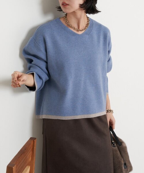 Jena espace merveilleux（ジェナ　エスパスメルヴェイユ）の「ラメラインVニット（ニット/セーター・レディース・ブルー/ベージュ/ネイビー・FREE）」の4枚目の写真