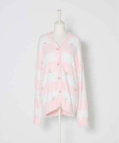 AVENCHUMU(アバンチュウム)の「Pierced brass knuckles border shaggy knit cardbigan(カーディガン/ボレロ・レディース・ピンク/ブラック・FREE)」の20枚目の写真