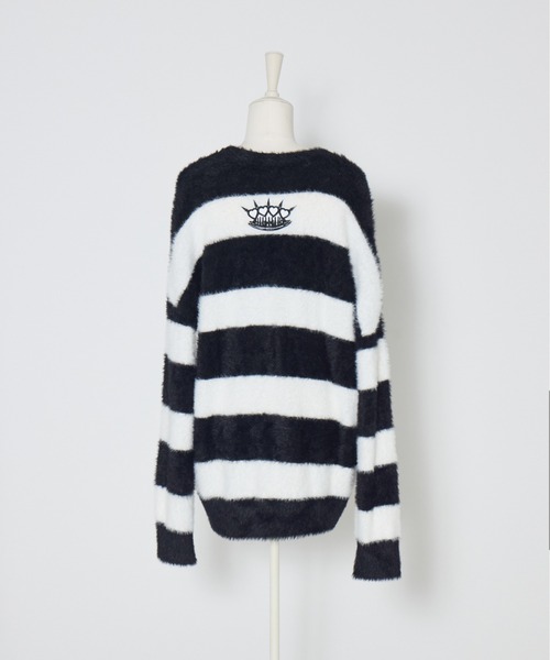AVENCHUMU(アバンチュウム)の「Pierced brass knuckles border shaggy knit cardbigan(カーディガン/ボレロ・レディース・ピンク/ブラック・FREE)」の13枚目の写真