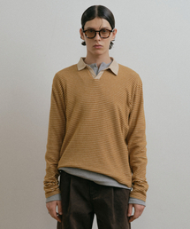 YELLOW BOUCLE STRIPED TEXTURED COLLAR T SHIRT