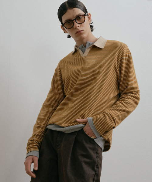 DUSTYWHITE(ダスティーホワイト)の「YELLOW BOUCLE STRIPED TEXTURED COLLAR T SHIRT(ポロシャツ・メンズ・その他・X-LARGE/MEDIUM/LARGE)」の4枚目の写真