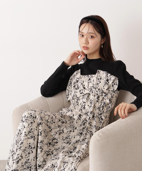 PROPORTION BODY DRESSING(プロポーションボディドレッシング)の「フロントリボン花柄ドッキングワンピース / 1216140006(ワンピース・レディース・ベージュ/ブラック・MEDIUM/P/S/SMALL)」の21枚目の写真