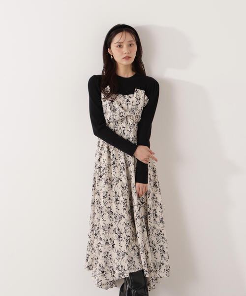 PROPORTION BODY DRESSING(プロポーションボディドレッシング)の「フロントリボン花柄ドッキングワンピース / 1216140006(ワンピース・レディース・ベージュ/ブラック・MEDIUM/P/S/SMALL)」の2枚目の写真