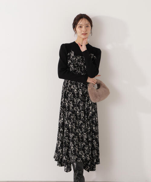 PROPORTION BODY DRESSING(プロポーションボディドレッシング)の「フロントリボン花柄ドッキングワンピース / 1216140006(ワンピース・レディース・ベージュ/ブラック・MEDIUM/P/S/SMALL)」の1枚目の写真