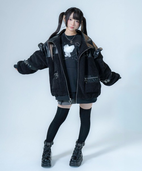 セール】ベルトPU切り替えフェイクファージャケット / フェイクファー