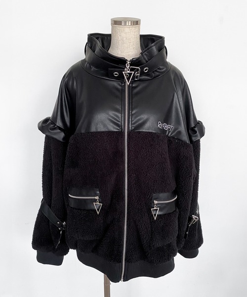 セール】ベルトPU切り替えフェイクファージャケット / フェイクファー