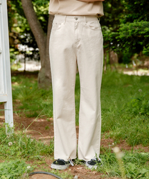 裾カットベージュワイド綿パンツ