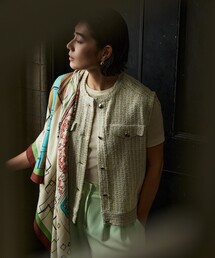 Ballsey フード付きベージュベスト ミックスファー Vネックベスト