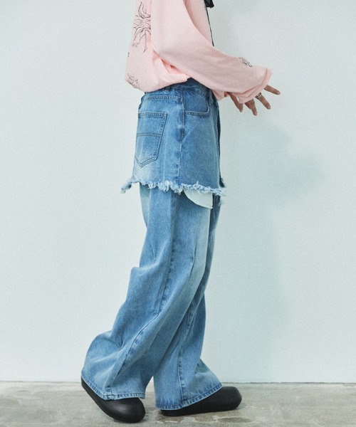 MIRROR STOKE（ミラーストーク）の「【ZOZO限定／追加】LAYERED TUCK DENIM PANTS/レイヤードタックデニムパンツ（デニムパンツ・レディース・ネイビー/サックスブルー・MEDIUM/LARGE）」の5枚目の写真