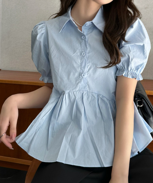 Eclat one(エクラワン)の「【Eclat one】ウエストギャザー ペプラム シャツブラウス(シャツ/ブラウス・レディース・ブラック/ライトブルー/ホワイト・FREE)」の3枚目の写真