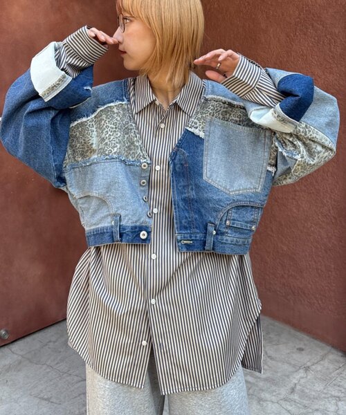 etsinta（エシンタ）の「【etsinta/エシンタ】デニム切り替えショートジャケット（ブルゾン・レディース・オフホワイト/インディゴブルー・ONE SIZE）」の3枚目の写真