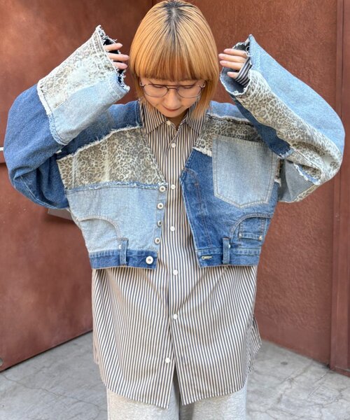 etsinta（エシンタ）の「【etsinta/エシンタ】デニム切り替えショートジャケット（ブルゾン・レディース・オフホワイト/インディゴブルー・ONE SIZE）」の4枚目の写真