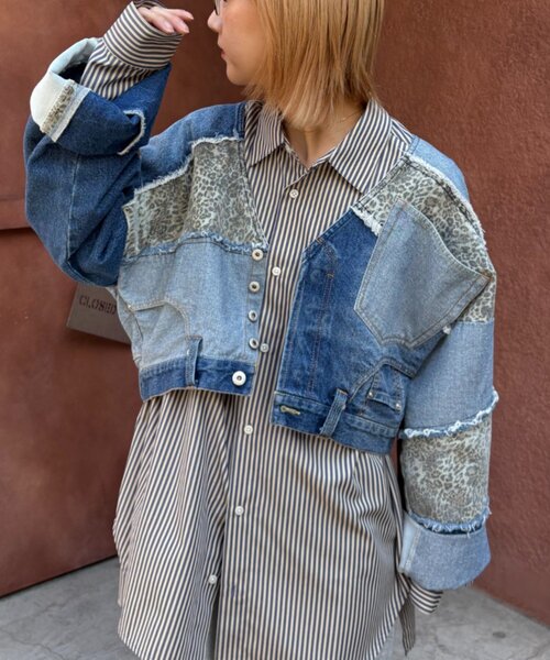 etsinta（エシンタ）の「【etsinta/エシンタ】デニム切り替えショートジャケット（ブルゾン・レディース・オフホワイト/インディゴブルー・ONE SIZE）」の5枚目の写真