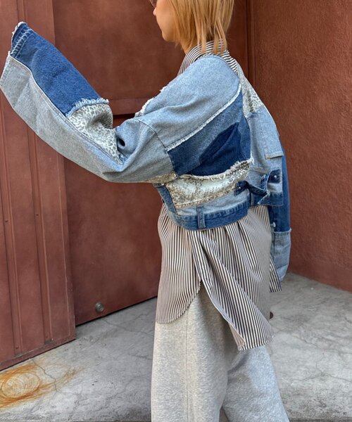 etsinta（エシンタ）の「【etsinta/エシンタ】デニム切り替えショートジャケット（ブルゾン・レディース・オフホワイト/インディゴブルー・ONE SIZE）」の7枚目の写真