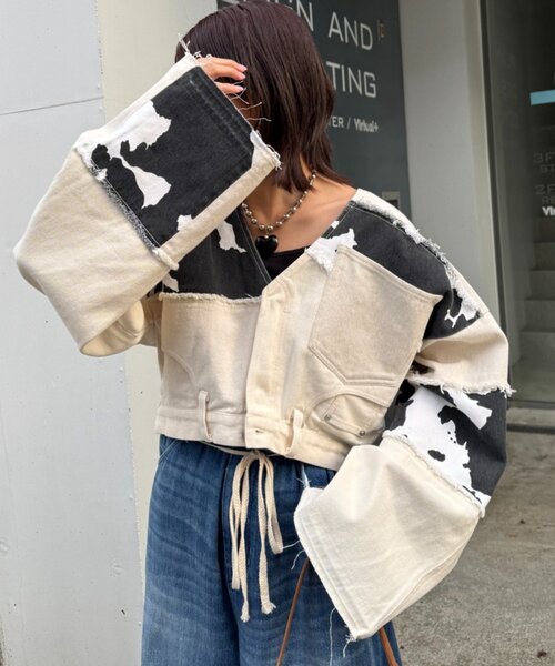 etsinta（エシンタ）の「【etsinta/エシンタ】デニム切り替えショートジャケット（ブルゾン・レディース・オフホワイト/インディゴブルー・ONE SIZE）」の18枚目の写真