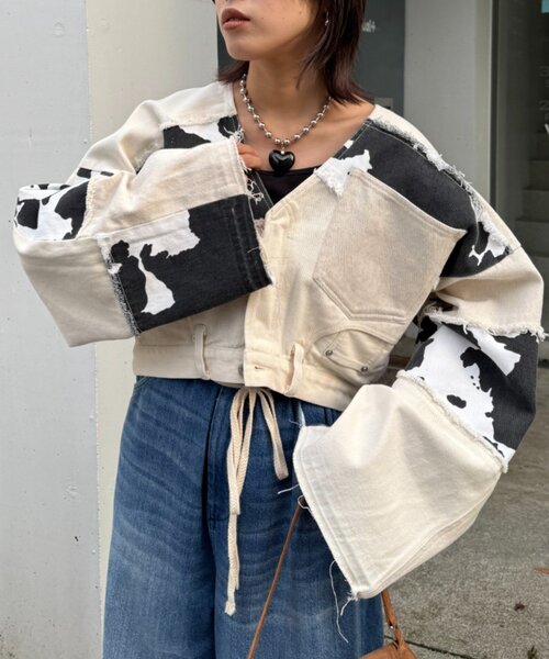 etsinta（エシンタ）の「【etsinta/エシンタ】デニム切り替えショートジャケット（ブルゾン・レディース・オフホワイト/インディゴブルー・ONE SIZE）」の19枚目の写真