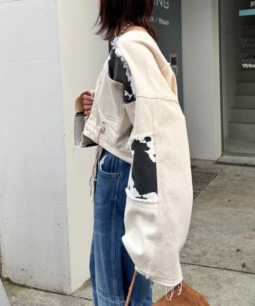 etsinta（エシンタ）の「【etsinta/エシンタ】デニム切り替えショートジャケット（ブルゾン・レディース・オフホワイト/インディゴブルー・ONE SIZE）」の20枚目の写真