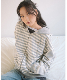 MULTI STRIPE ZIP UP HOOD(GREY)