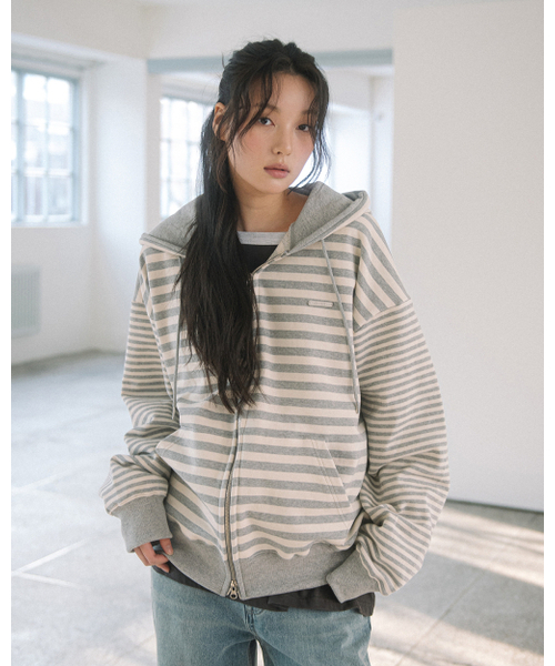 HAVISM(ヘビズム)の「MULTI STRIPE ZIP UP HOOD(GREY)(パーカー・レディース・その他・ONE SIZE)」の2枚目の写真