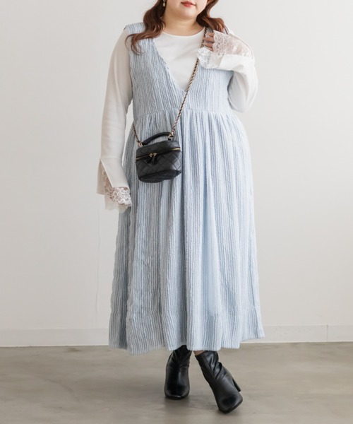 CLETTE（クレット）の「CLETTEオリジナルシアーストライプVネックワンピース（ワンピース・レディース・ブルー/ブラック/アイボリー・4L/3L/LL）」の13枚目の写真