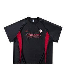 BUTTON SEOUL（ボタンソウル）の「エンボロゴベンチレーションラグランフットボールジャージTシャツ（ブラック/ホワイト）（Tシャツ/カットソー）」