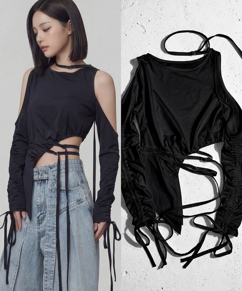 DURAS（デュラス）の「シャーリングアシンメトリートップス（Tシャツ/カットソー・レディース・ホワイト/ブラック・FREE）」の2枚目の写真