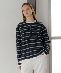 Henley neck stripe longsleeve T-shirt [KNSS05TS03]_Navy