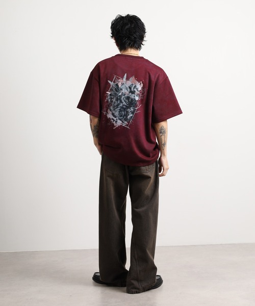 FUNALIVE(ファンアライブ)の「ニュアンスマーブルプリント 花柄デザイン半袖Tシャツ(Tシャツ/カットソー・メンズ・ブラック/ワインレッド・L/M)」の9枚目の写真