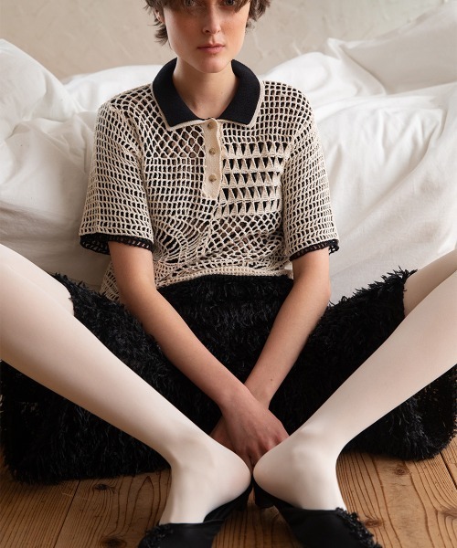 leinwande(ラインヴァンド)の「Landscape Crochet Polo / ランドスケープクロシェポロ(ポロシャツ・レディース・White/ブラック系/オレンジ・ONE SIZE)」の4枚目の写真