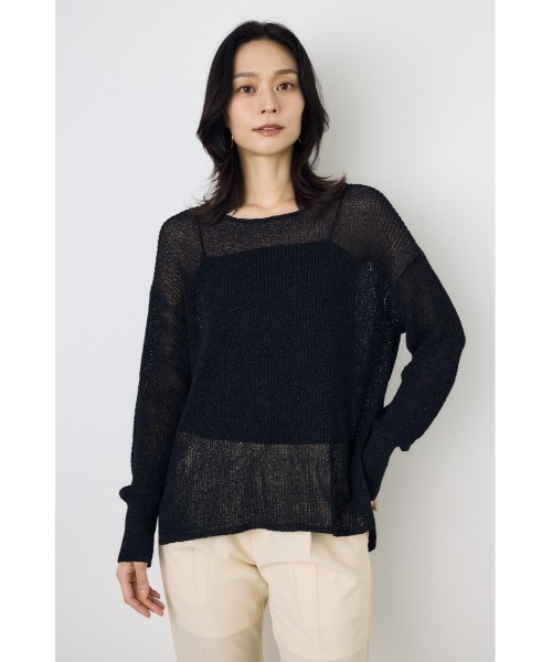 AZUL by moussy（アズールバイマウジー）の「【身長/骨格別着用画像あり】ドライタッチサマーニット　夏服　秋服　春服　メッシュトップス　シアーニット　シアートップス　体系カバー　お尻が隠れる（ニット/セーター・レディース・ブラック/ライトイエロー/オフホワイト/ミント・SMALL/MEDIUM）」の14枚目の写真