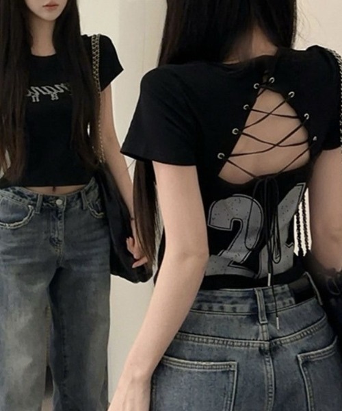 lilful(リルフル)の「【26年春夏新作】バックレースアップ かすれプリント 半袖ラグランTシャツ(Tシャツ/カットソー・レディース・ホワイト/ブラック・F)」の1枚目の写真