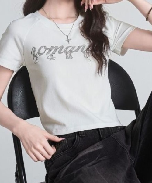 lilful(リルフル)の「【26年春夏新作】バックレースアップ かすれプリント 半袖ラグランTシャツ(Tシャツ/カットソー・レディース・ホワイト/ブラック・F)」の3枚目の写真