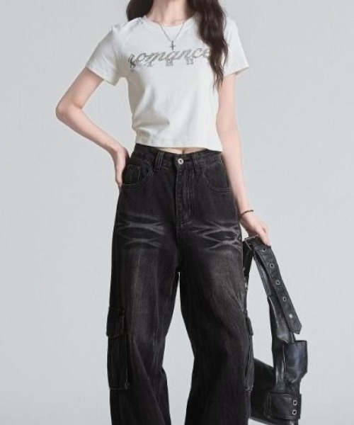lilful(リルフル)の「【26年春夏新作】バックレースアップ かすれプリント 半袖ラグランTシャツ(Tシャツ/カットソー・レディース・ホワイト/ブラック・F)」の5枚目の写真