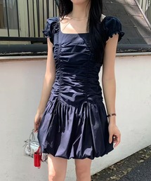 シャーリング バルーン パフスリーブ ミニ ワンピース
