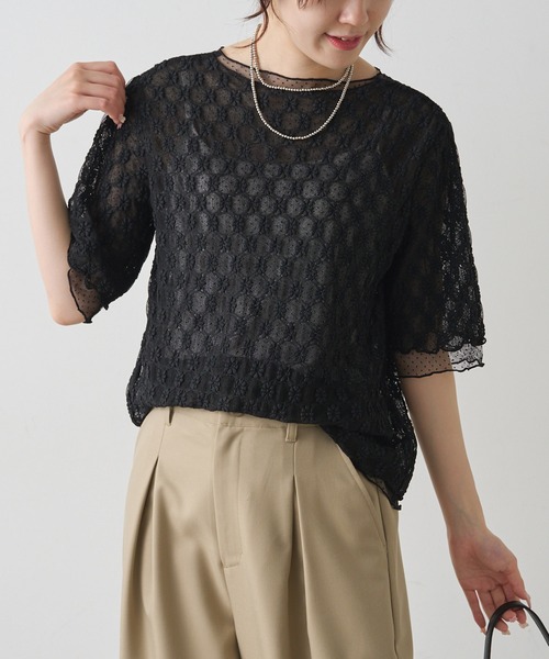 PUAL CE CIN(ピュアルセシン)の「ストレッチレース×ドットチュールTシャツ(Tシャツ/カットソー・レディース・ブラック/ホワイト・FREE)」の2枚目の写真