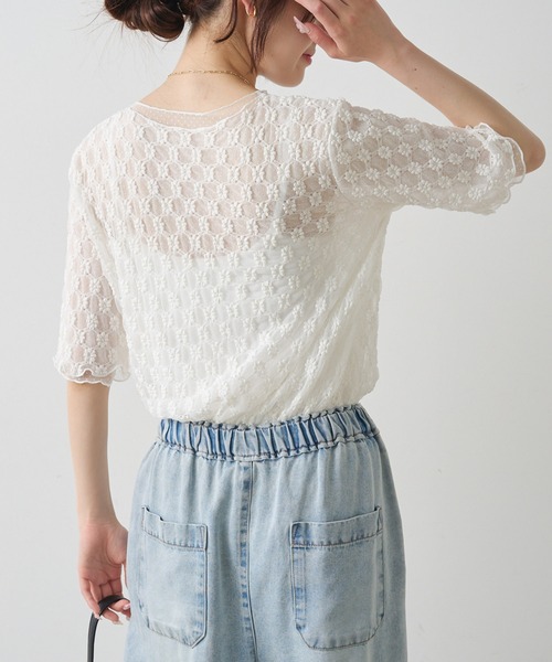 PUAL CE CIN(ピュアルセシン)の「ストレッチレース×ドットチュールTシャツ(Tシャツ/カットソー・レディース・ブラック/ホワイト・FREE)」の4枚目の写真